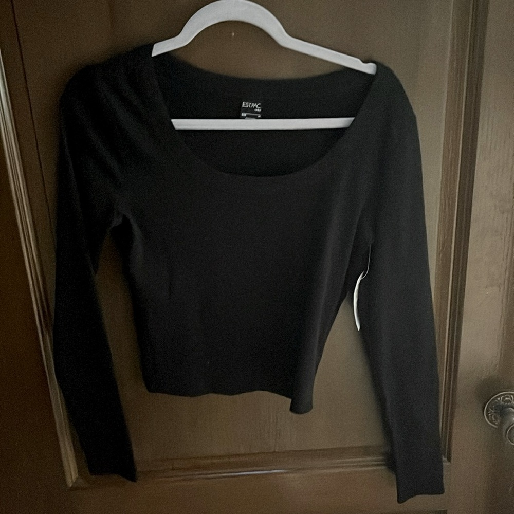 black scoop neck shirt